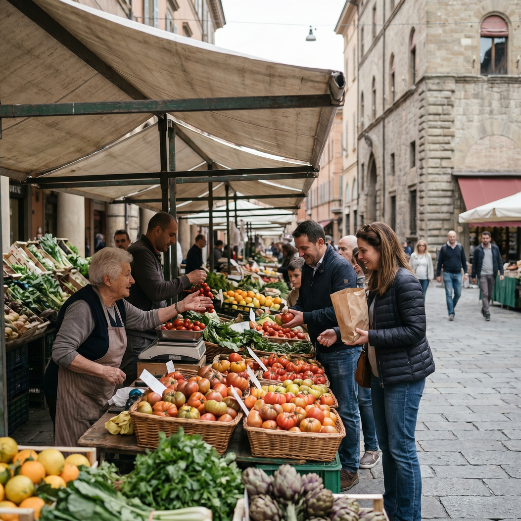 Mercato locale italiano con banchi di verdura e persone che fanno acquisti